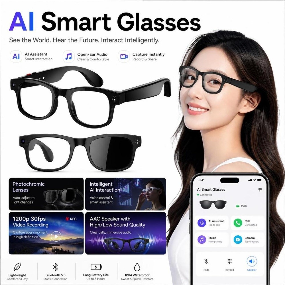 Smart Glasses Lens - Kacamata Pintar AI 2 in 1,